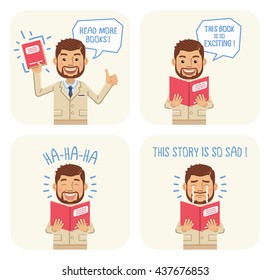 Set of businessman characters posing in different situations with books. Cheerful businessman reading a book, laughing, crying, excited. Flat style vector illustration