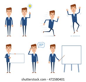 Set of businessman characters posing in different situations. Cheerful businessman pointing up, running, jumping, talking on phone, holding banner, teaching. Simple style vector illustration