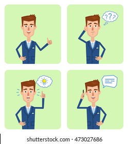 Set of businessman characters posing in different situations. Cheerful businessman talking on phone, thinking, pointing up, showing thumb up gesture. Flat style vector illustration