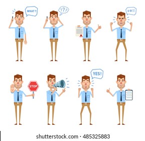 Set of businessman characters posing in different situations. Cheerful businessman talking on phone, holding document, stop sign, loudspeaker, clipboard. Simple style vector illustration