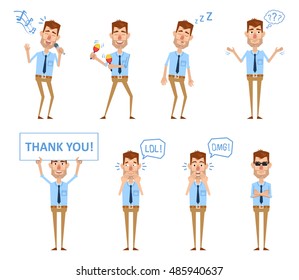 Set of businessman characters posing in different situations. Businessman singing, dancing, sleeping, thinking, laughing, surprised, serious, holding thank you banner. Vector illustration