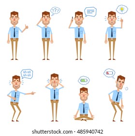 Set of businessman characters posing in different situations. Businessman thinking, laughing, pointing, crying, with mobile phone, meditating, tired. Vector illustration