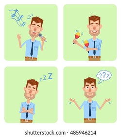 Set of businessman characters posing in different situations. Cheerful businessman karaoke singing, dancing, sleeping, thinking. Flat style vector illustration