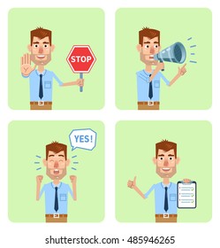 Set of businessman characters posing in different situations. Cheerful businessman holding stop sign, loudspeaker, clipboard, successful. Flat style vector illustration