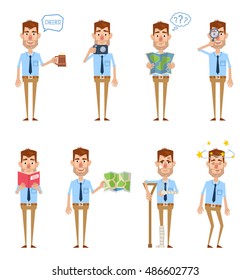 Set of businessman characters posing in different situations. Cheerful businessman with mug of beer, photo camera, map, magnifier, book. Injured, dizzy businessman. Vector illustration