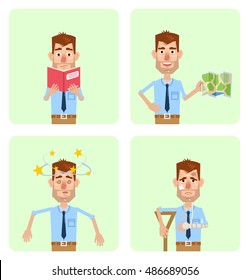 Set of businessman characters posing in different situations. Cheerful businessman posing with map, reading a book. Injured, dizzy man.