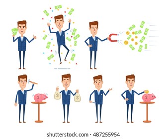 Set of businessman characters posing in different situations. Successful businessman posing with piggy bank, money bags. Finance, money concept. Simple vector illustration