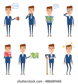 Set of businessman characters posing in different situations. Businessman posing with beer, photo camera, topographic map, magnifier, reading a book. Injured, dizzy businessman. Vector illustration