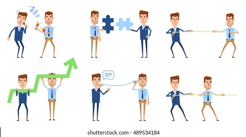 Set of businessman characters posing in different situations. Business team, cooperation, successful businessman concept. Vector illustration