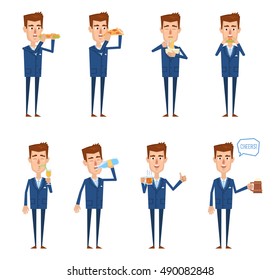Set of businessman characters posing with different foods and drinks. Businessman eating fast food, hamburger, pizza, sandwich, noodles soup and drinking water, juice, tea, beer. Vector illustration