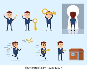 Set of businessman characters posing with key in diverse situations. Simple vector illustration