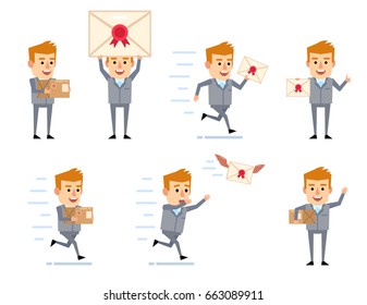 Set of businessman characters posing with letter in diverse situations. Funny businessman holding letter, parcel box, running and showing other actions. Simple vector illustration