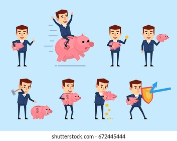 Set of businessman characters posing with piggy bank in various situations. Simple vector illustration