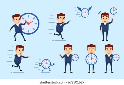Set of businessman characters posing with watch in diverse situations. Funny businessman holding clock, running and showing other actions. Simple vector illustration