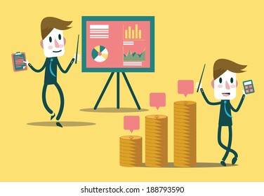 Set of businessman characters presentation growth graph and profit graph. vector