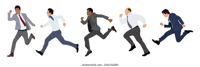 Juego de personajes de Businessman corriendo, saltando. Hombres de Negocios diferentes edades y tipos de cuerpo en la vista frontal y lateral de la ropa formal. Ilustraciones vectoriales realistas aisladas en fondo blanco