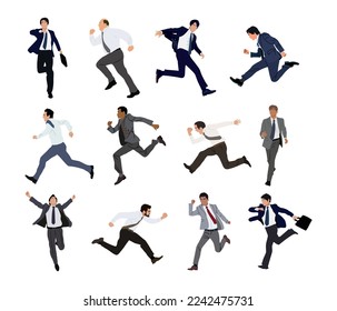 Set of Businessman characters running, jumping. Business Men different ages, body types in formal outfit, with briefcase, front and side view. Realistic vector illustrations isolated, white background