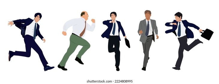 Set of Businessman characters running. Men different ages and body types wearing formal outfit with briefcase front and side view. Vector realistic illustrations isolated on white background.