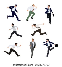 Set of Businessman characters running. Men different ages and body types wearing formal outfit with briefcase front and side view. Vector Realistic illustrations isolated on white background. 