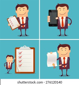 Set of businessman characters showing a blank smart phone screen, proudly showing a diploma, standing with clipboard and checklist. Flat style. Successful concept. 