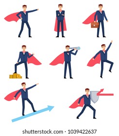 Set of businessman characters showing different super hero poses, actions. Businessman wears super hero cloak and holds spyglass, shield and shows other actions. Flat style vector illustration