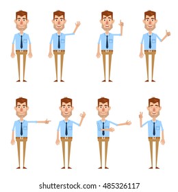 Set of businessman characters showing different hand gestures. Cheerful businessman showing thumb up, pointing, greeting, victory sign and other hand gestures. Simple vector illustration