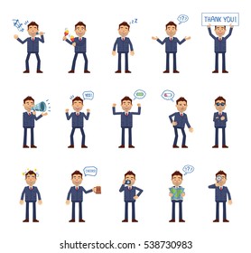 Set of businessman characters showing different emotions, actions, gestures. Cheerful businessman holding map, beer, loudspeaker, banner, sleeping and doing other actions. Simple vector illustration