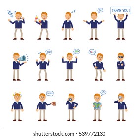 Set of businessman characters showing different actions, emotions, gestures. Cheerful blonde businessman karaoke singing, sleeping, holding banner and doing other actions. Simple vector illustration
