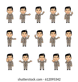 Set of businessman characters showing different hand gestures. Cheerful man showing thumb up, pointing, greeting, victory, stop sign and other hand gestures. Simple vector illustration