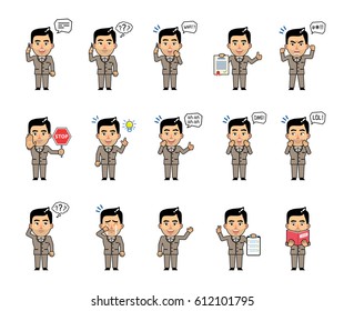 Set of businessman characters showing different actions, emotions, gestures. Cheerful man talking on phone, reading a book, holding stop sign and doing other actions. Simple vector illustration