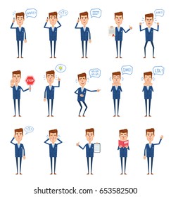 Set of businessman characters showing diverse actions, emotions. Cheerful businessman talking on phone, thinking, surprised, angry, reading book and doing other actions. Simple vector illustration