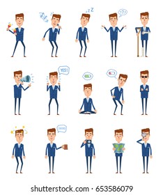 Set of businessman characters showing diverse actions, emotions. Cheerful businessman celebrating, sleeping, dazed, holding loudspeaker, map, camera and doing other actions. Simple vector illustration