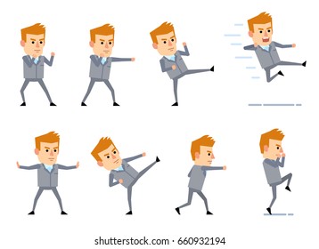 Set of businessman characters showing diverse fight actions, poses. Man in formal suit makes attack, kick, punch, hit and other actions. Flat vector illustration