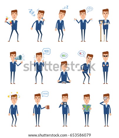 Set of businessman characters showing diverse actions, emotions. Cheerful businessman celebrating, sleeping, dazed, holding loudspeaker, map, camera and doing other actions. Simple vector illustration