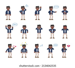 Set of businessman characters showing various emotions. Man laughing, sleeping, crying, angry, tired, in love and showing other expressions. Modern vector illustration