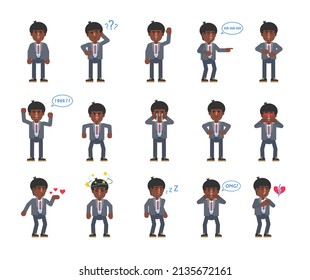 Set of businessman characters showing various emotions. Man laughing, sleeping, crying, angry, tired, in love and showing other expressions. Modern vector illustration