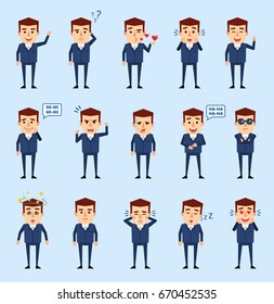 Set of businessman characters showing various emotions. Funny businessman laughing, crying, sleeping, dazed, surprised, angry, serious, in love and showing other emotions. Simple vector illustration