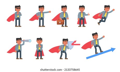 Set of businessman characters with super hero cloak in various situations. Modern vector illustration