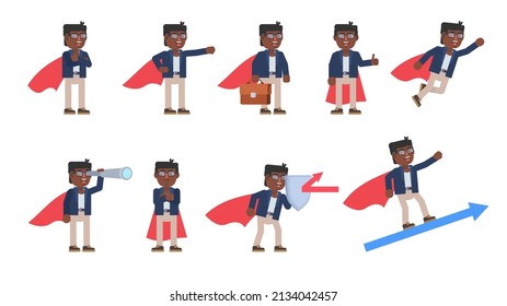 Set of businessman characters with super hero cloak in various situations. Modern vector illustration