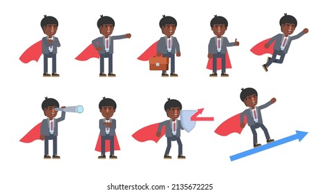 Set of businessman characters with super hero cloak in various situations. Modern vector illustration