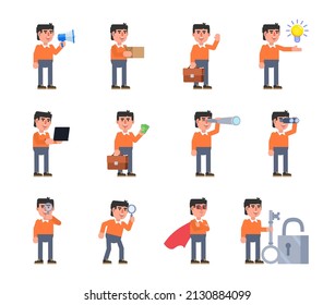 Set of businessman characters in various situations. Man holding holding loudspeaker, package box, spyglass, magnifier, money and other actions. Modern vector illustration