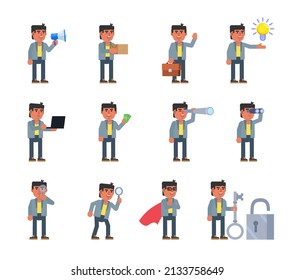 Set of businessman characters in various situations. Man holding loudspeaker, package box, spyglass, magnifier, money and other actions. Modern vector illustration