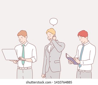 Set of businessman characters working . Hand drawn style vector design illustrations.