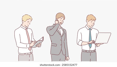 Set of businessman characters working . Hand drawn style vector design illustrations.	