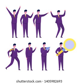 Set of businessman characters in the workplace isolated on white background.  Vector illustration.