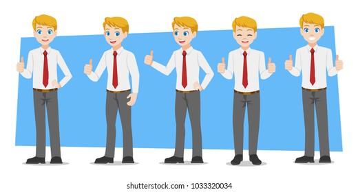Set of businessman characters young adult handsome smart guys standing flat design in front view on white and colour background for presentation and explain office work,flat vector illustration.