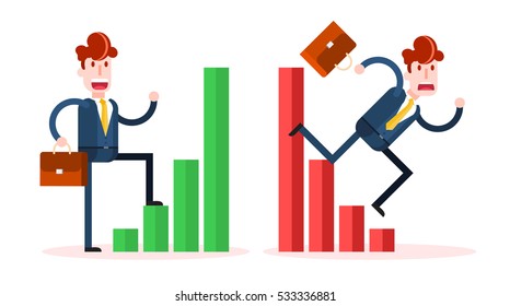 Set of Businessman Climbing and Falling Down Business Graph on White Background. Isolated Flat Vector Illustration.