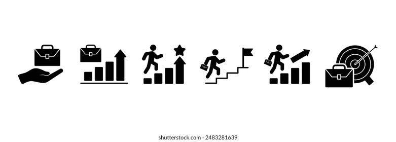 Conjunto de empresario escalando la colección del icono. Crecimiento empresarial, carrera, inicio, ascenso, símbolo de éxito. Ilustración vectorial.