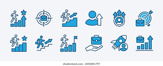 Conjunto de iconos de escalada de hombre de negocios. Conteniendo carrera, inicio, crecimiento y negocio objetivo, promovido, éxito, progreso, liderazgo, avance, mejorar el logro. Ilustración vectorial