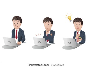 Set of businessman at a computer, with idea bulb, noticing alert on white background, isolated, cartoon